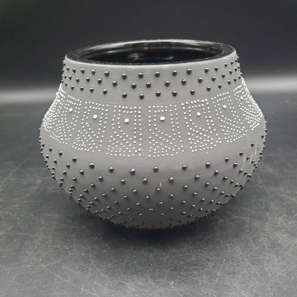 West Elm Hand Painted Gray Black Dot Ceramic Bowl Textured Centerpiece